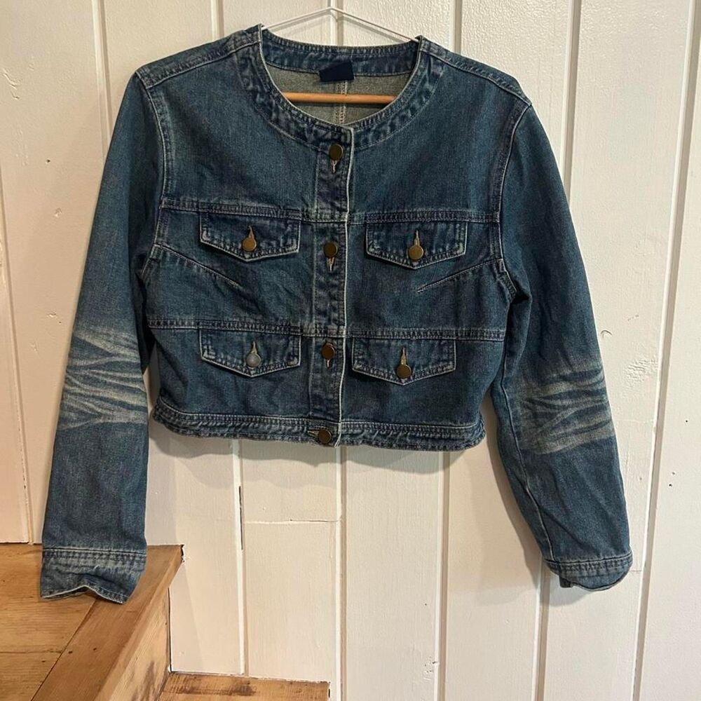 Vintage Wash Cropped Denim Jacket Collarless Multi Pocket Utility Size L